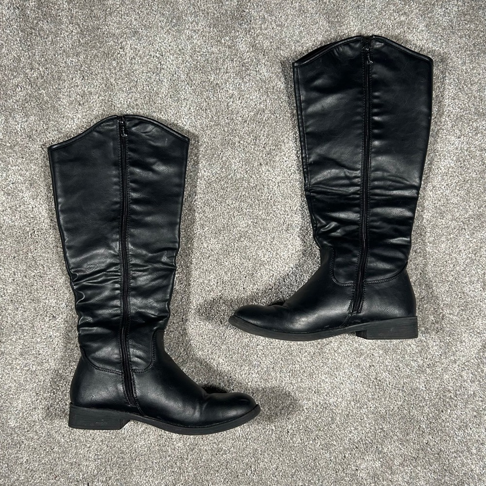 VEPOSE Black Faux Leather Slouchy Knee High Boots CJY956 Low Block Heel Size 9 - Picture 2 of 10